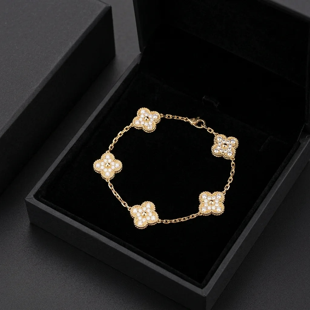 Full Diamanté Gold Clover Bracelet